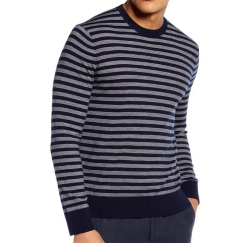 VINCE
Stripe Crewneck Wool & Cashmere Sweater, Coastal/Heather White Stripe, L